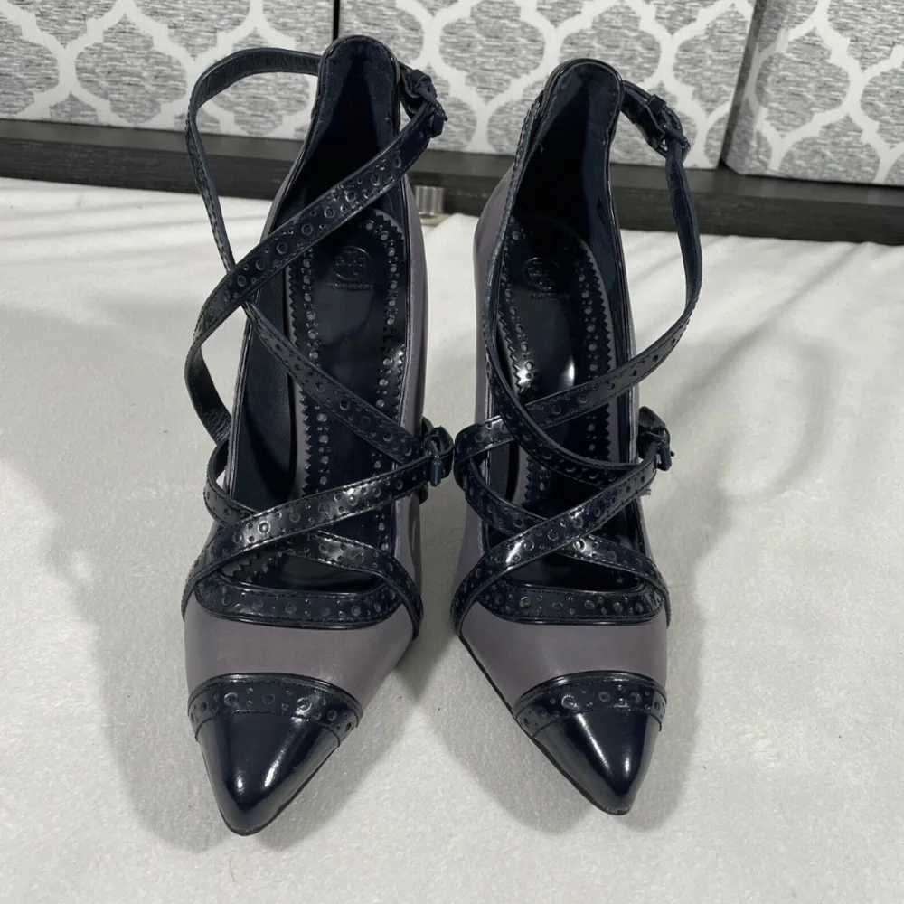 NWD [ 2 LEFT SHOES ] Tory Burch Judith Pointed Toe Strappy Pumps Navy Gray in 9M